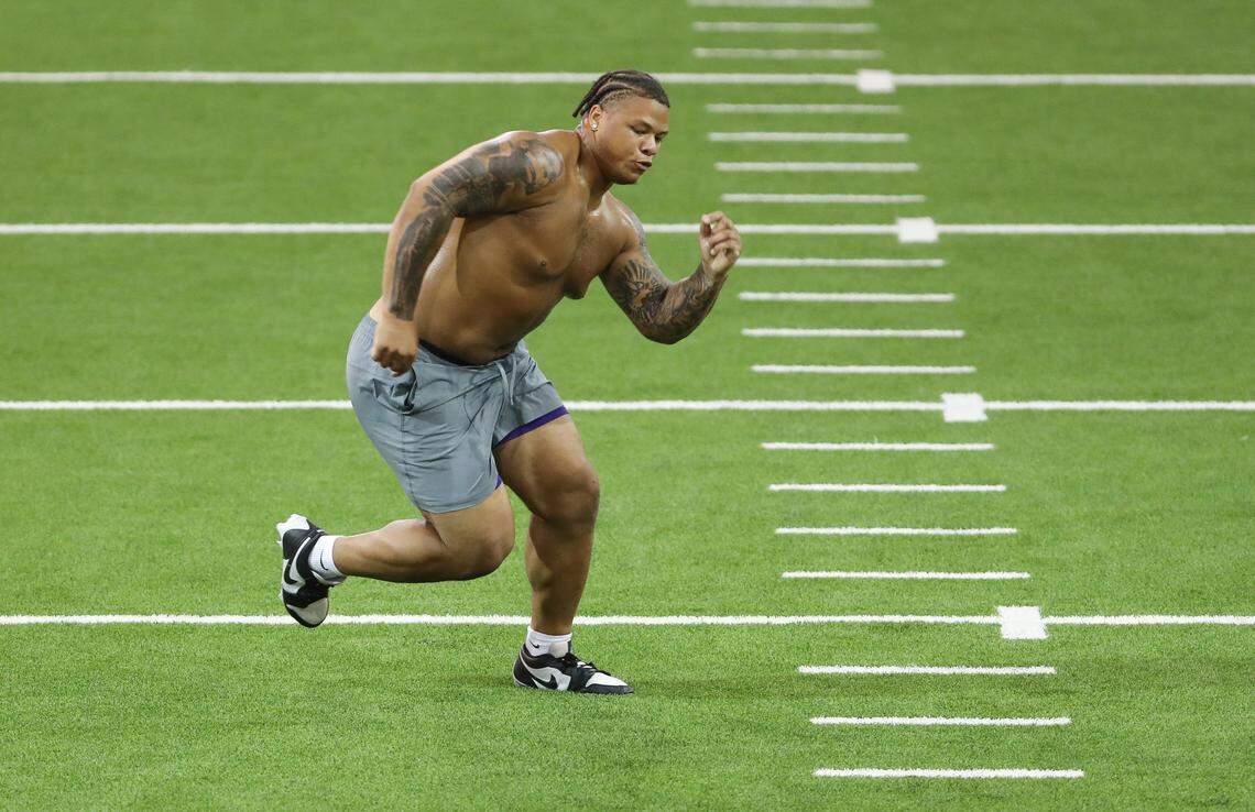 Clemson defensive tackle Peter Woods runs a drill during the team’s 2026 NFL pro day at the Poe Indoor Practice Facility on March 12.