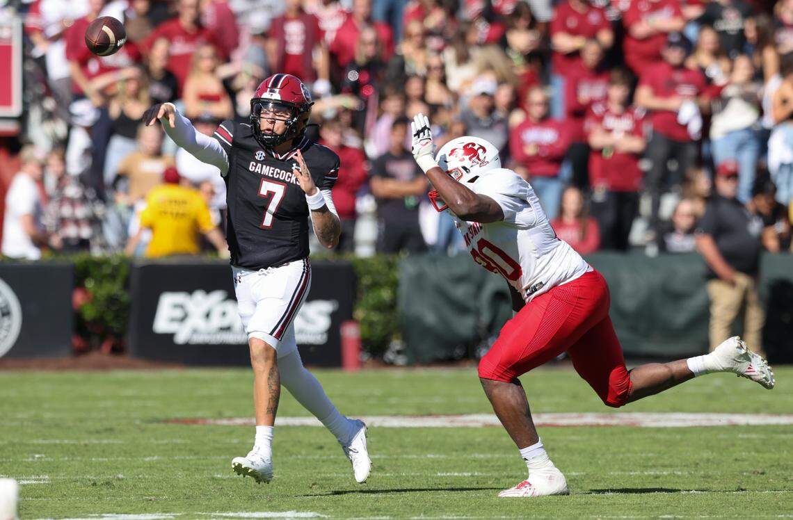 Jacksonville State defensive lineman Jaylen Swain (30) rushes South Carolina quarterback Spencer Rattler (7) during the first half of the Gamecocks’ game at Williams-Brice Stadium in Columbia on Saturday, November 4, 2023.