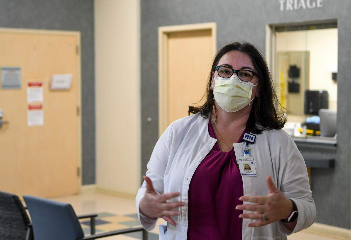 Infection Preventionist Carlye Gilbert, BSN, RN, explains on Wednesday, April 29, 2020 that the lobby at Coastal Carolina Hospital in Hardeeville will be restructured. The current lobby chairs will be replaced with individual chairs as some selective surgeries come back online. ÒAs we do get patients back to care for them, we want them to stay safe.Ó Gilbert explained, to quell fears of COVID-19.