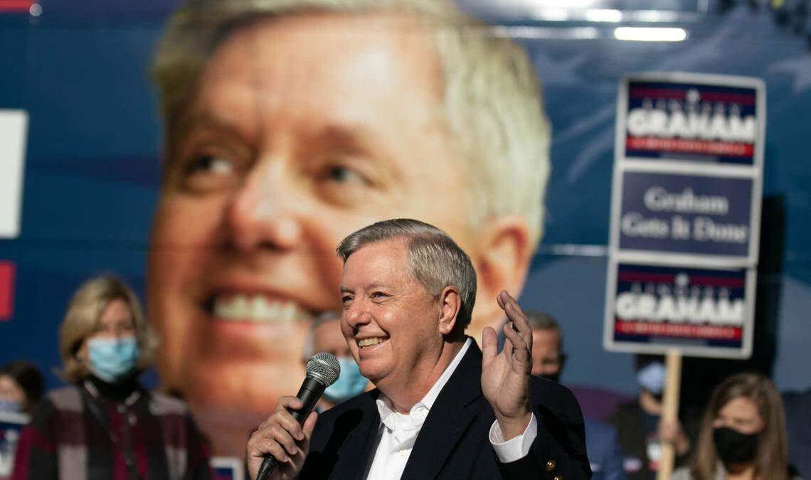 U.S. Senator Lindsey Graham speaks to supporters in Lexington on Monday, Nov. 2, 2020.