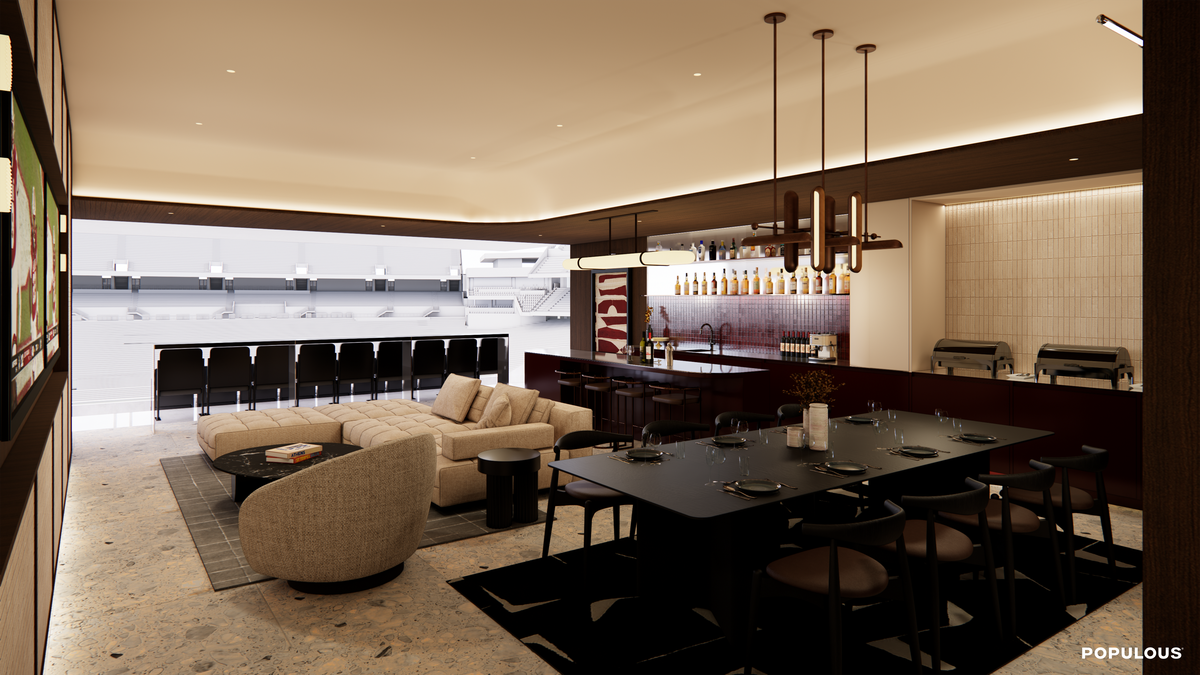 Rendering of what the Founders Suite could look like. The west side of Williams-Brice Stadium will be redeveloped for the 2026 season. It will include new club seats and luxury suites.