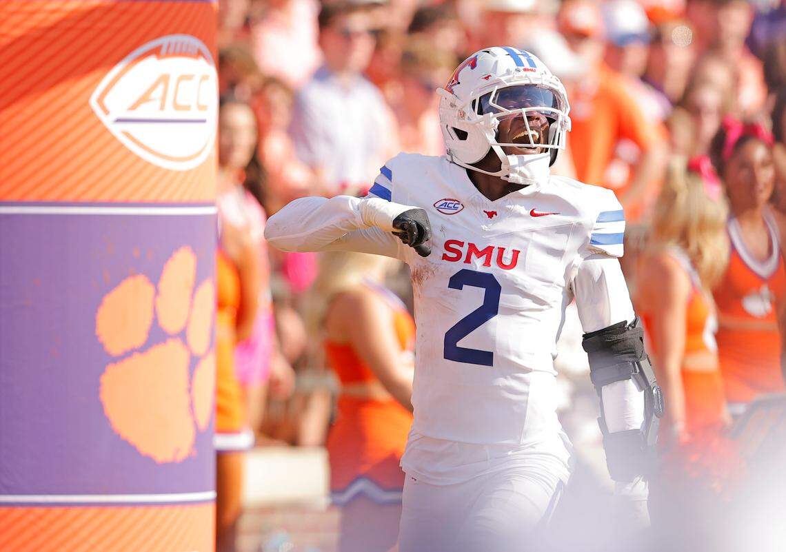 SMU wide receiver Jordan Hudson (2) celebrates after scoring a touchdown against Clemson during first-half action in Clemson, S.C on Saturday, Oct. 18, 2025.