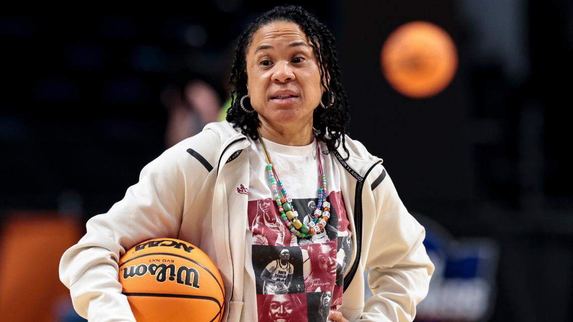 University of South Carolina Head Coach Dawn Staley watches the team during practice at the Legacy Arena in Birmingham on Thursday, March 27, 2025. The Gamecocks will play the Maryland Terrapins in the Birmingham 2 regional of the NCAA Tournament at Legacy Arena.