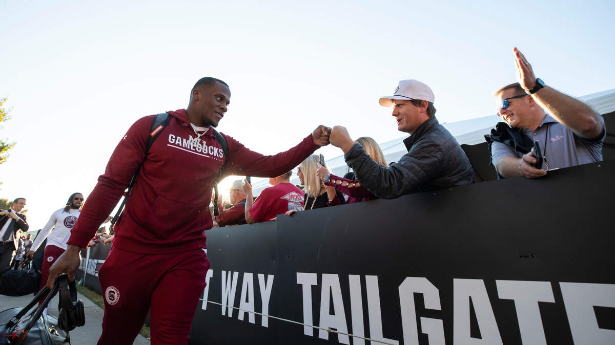 South Carolina Gamecocks running back MarShawn Lloyd (1) is greeted by fans at Williams-Brice Stadium in Columbia, SC on Saturday, Oct. 22, 2022.