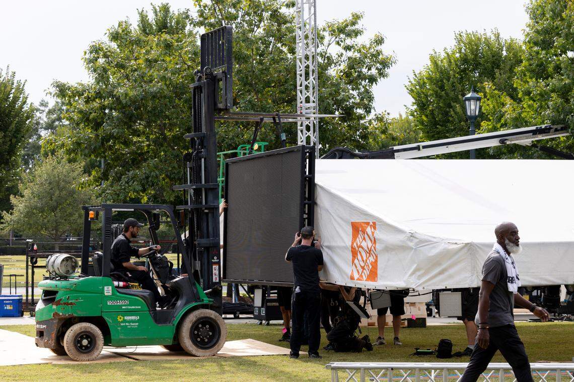 Crews set up for the broadcast of College GameDay at Gamecock Park on Thursday Sept. 12, 2024.