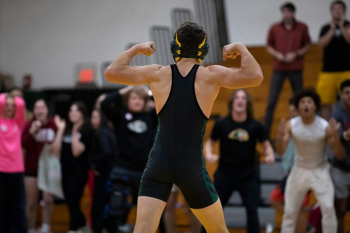Drake Porter of Ben Lippen celebrates his win during the SCISA 2022 Duals State Wrestling Tournament at Ben Lippen on Saturday, February 5, 2022.