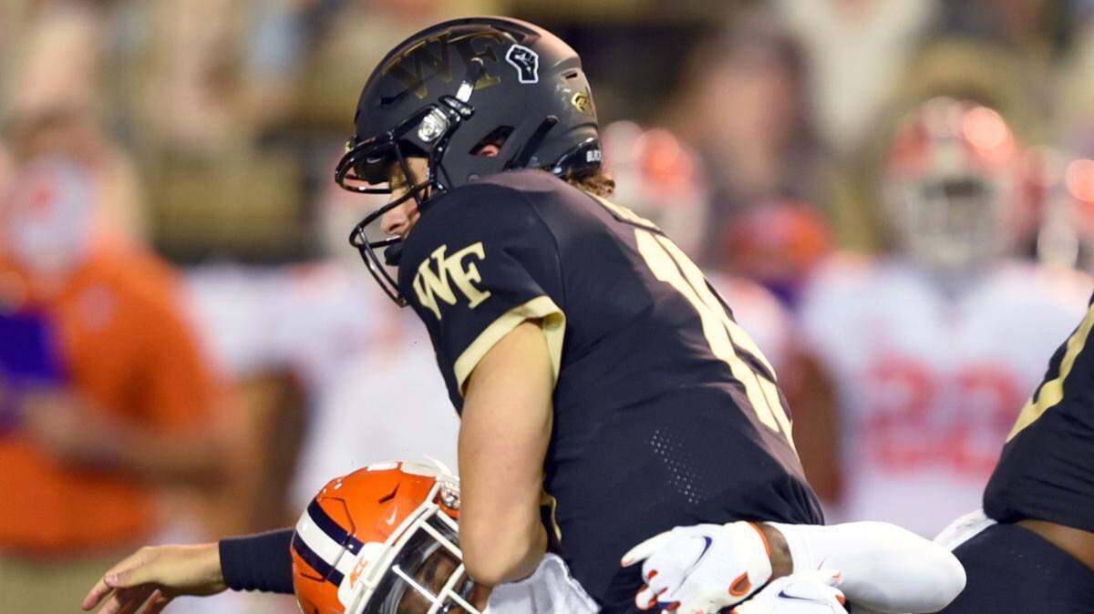 Clemson cornerback Fred Davis II sacks Wake Forest quarterback Mitch Griffis in the second half of an NCAA college football game, Saturday, Sept. 12, 2020 at Truist Field in Winston-Salem, N.C. (Walt Unks/Winston-Salem Journal)