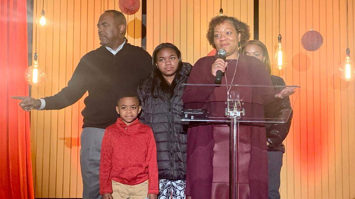 Democrat Tameika Isaac Devine celebrates her victory in the state Senate District 19 special election, Tuesday, Jan. 2, 2024 at the WF Media Studios in Columbia. Devine will complete the unfinished term of the late John Scott.