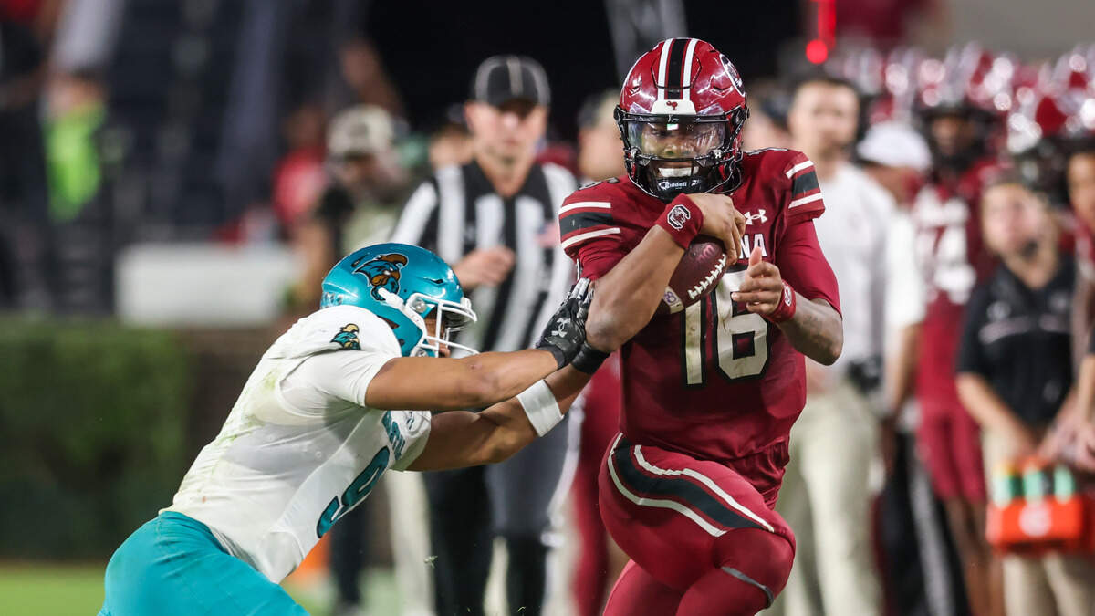 South Carolina quarterback Lanorris Sellers (16) is forced out of bounds by Coastal Carolina safety Avyonne Jones (9) during the second half of the Gamecocks’ game against Coastal Carolina at Williams-Brice Stadium in Columbia on Saturday, November 22, 2025.


