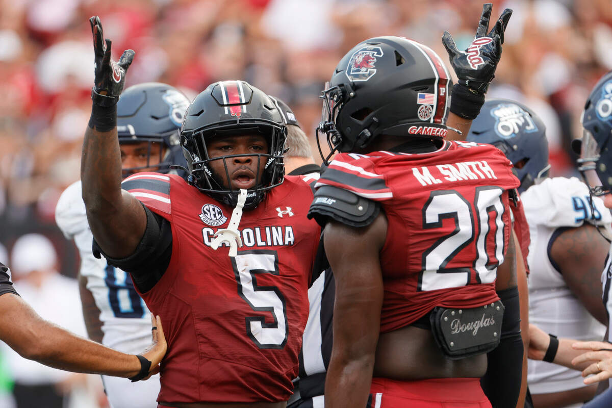 South Carolina running back Raheim Sanders (5) celebrates scoring against Old Dominion at Williams-Brice Stadium on Saturday, August 31, 2024.
