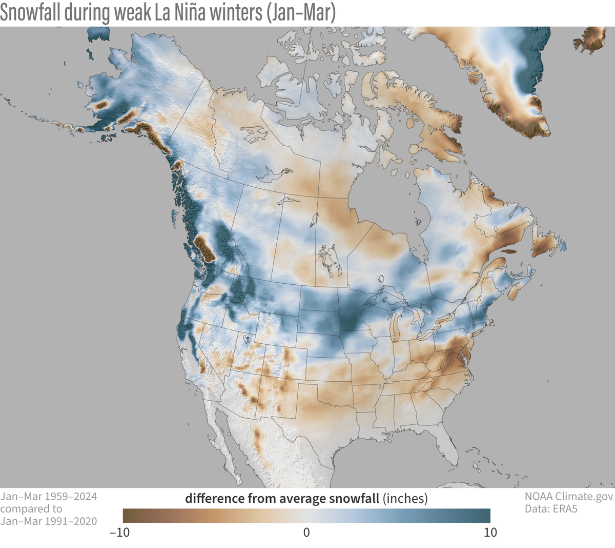 A map of the U.S. that shows average snowfall during weak La Niñas over several decades.