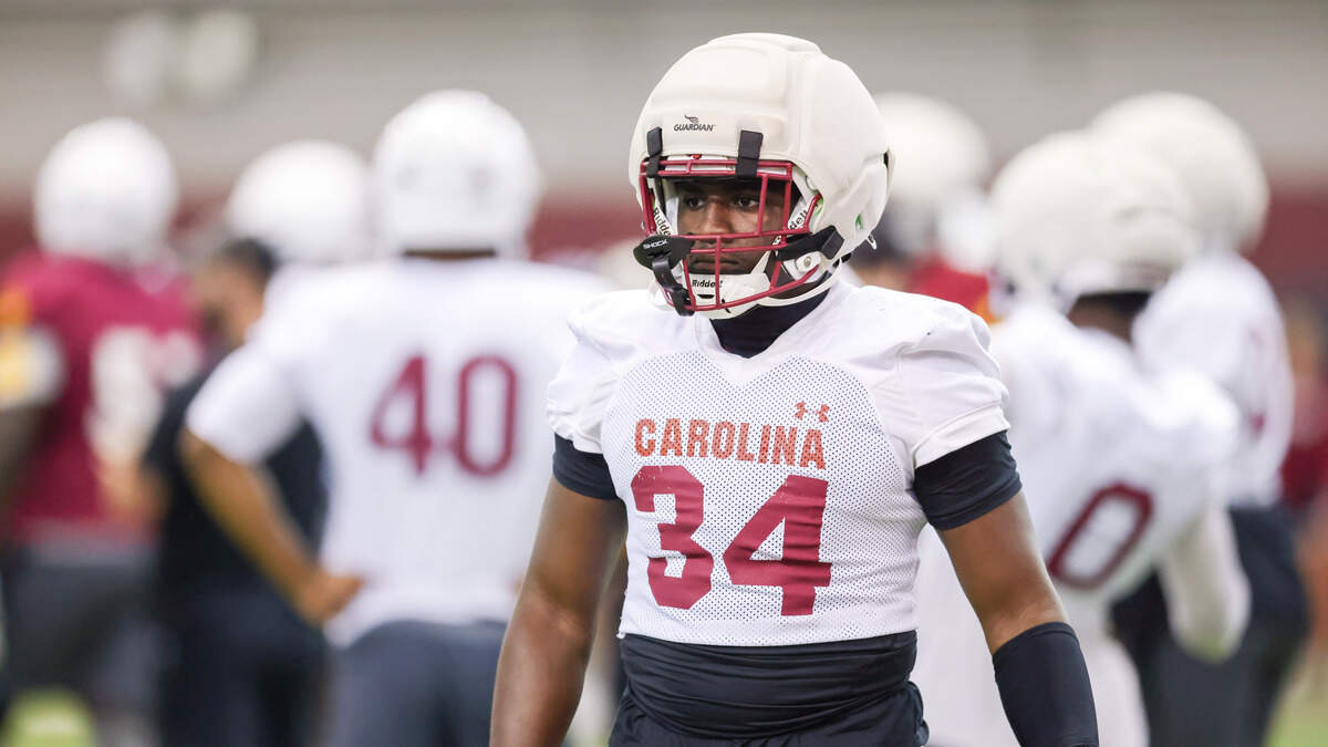 South Carolina linebacker Jamian Risher Jr. (34) is seen during practice in Columbia on Friday, August 8, 2025.