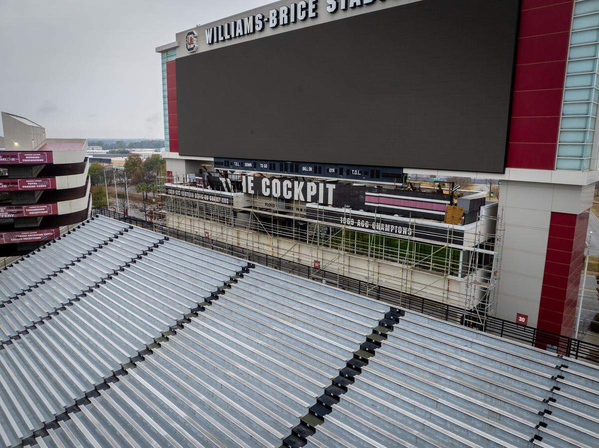 Demolition work is under way at Williams-Brice Stadium to make way for upcoming renovations. Seen here: The Floyd Building is being demolished ahead of plans to enhance offerings for the student section. The videoboard and its structure will not be affected.