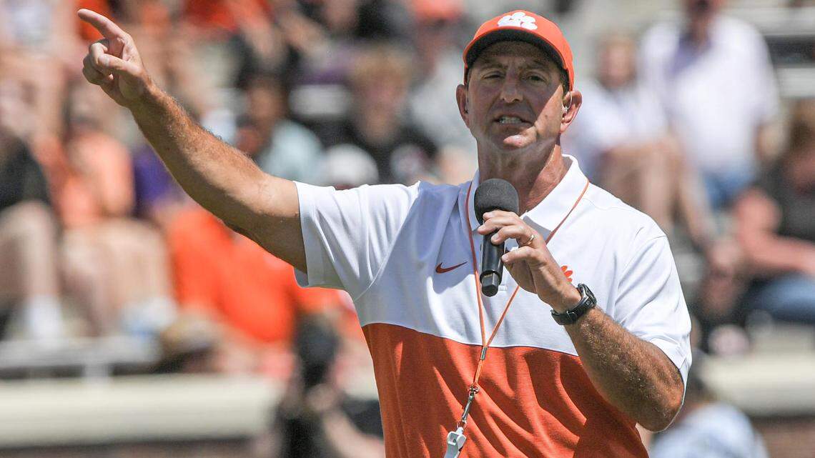 April 15, 2023; Clemson, SC , USA; Clemson head coach Dabo Swinney during the first quarter the annual Orange and White Spring game at Memorial Stadium in Clemson, S.C. Saturday, April 15, 2023.