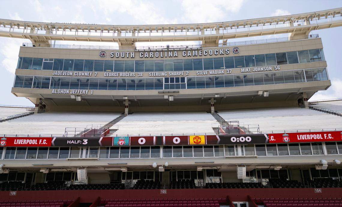 Williams-Brice Stadium is painted Tuesday for the Rivals in Red tour matchup Saturday between Premier League teams Liverpool and Manchester United. The two United Kingdom soccer teams are some of the most popular in America.
