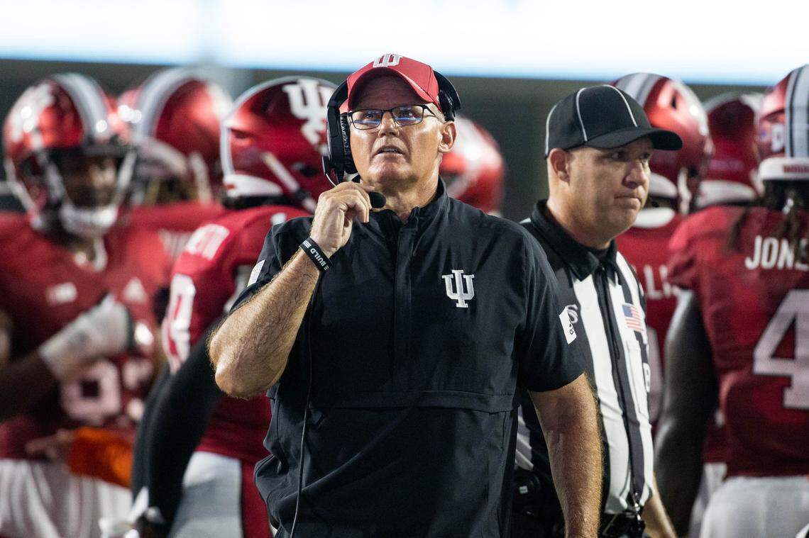 Sep 2, 2022; Bloomington, Indiana, USA; Indiana Hoosiers head coach Tom Allen in the second quarter against the Illinois Fighting Illini at Memorial Stadium. Mandatory Credit: Trevor Ruszkowski-USA TODAY Sports