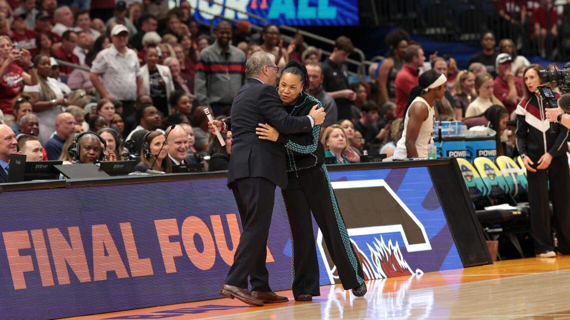University of South Carolina Head Coach Dawn Staley and University of Connecticut’s Head Coach Geno Auriemma greet before the NCAA National Championship at Amalie Arena in Tampa, Fla. on Sunday, April 6, 2025.