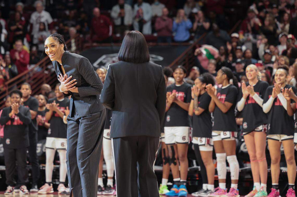A’ja Wilson reacts to the crowd during a ceremony to retire her jersey and hang it in the Colonial Life Arena on Sunday, Feb. 2, 2025.