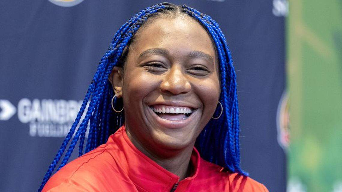 Former South Carolina women’s basketball star Aliyah Boston answers questions during her introductory news conference with the Indiana Fever on Monday, April 24, 2023. The Fever picked Boston No. 1 overall in this month’s WNBA Draft.