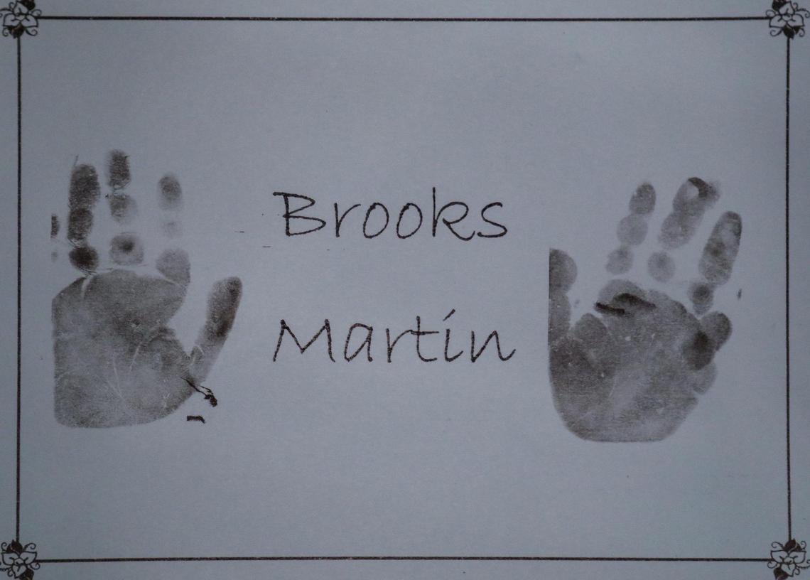 A keepsake with Brooks Martin’s hand prints was made in the hospital where he died and given to the family.