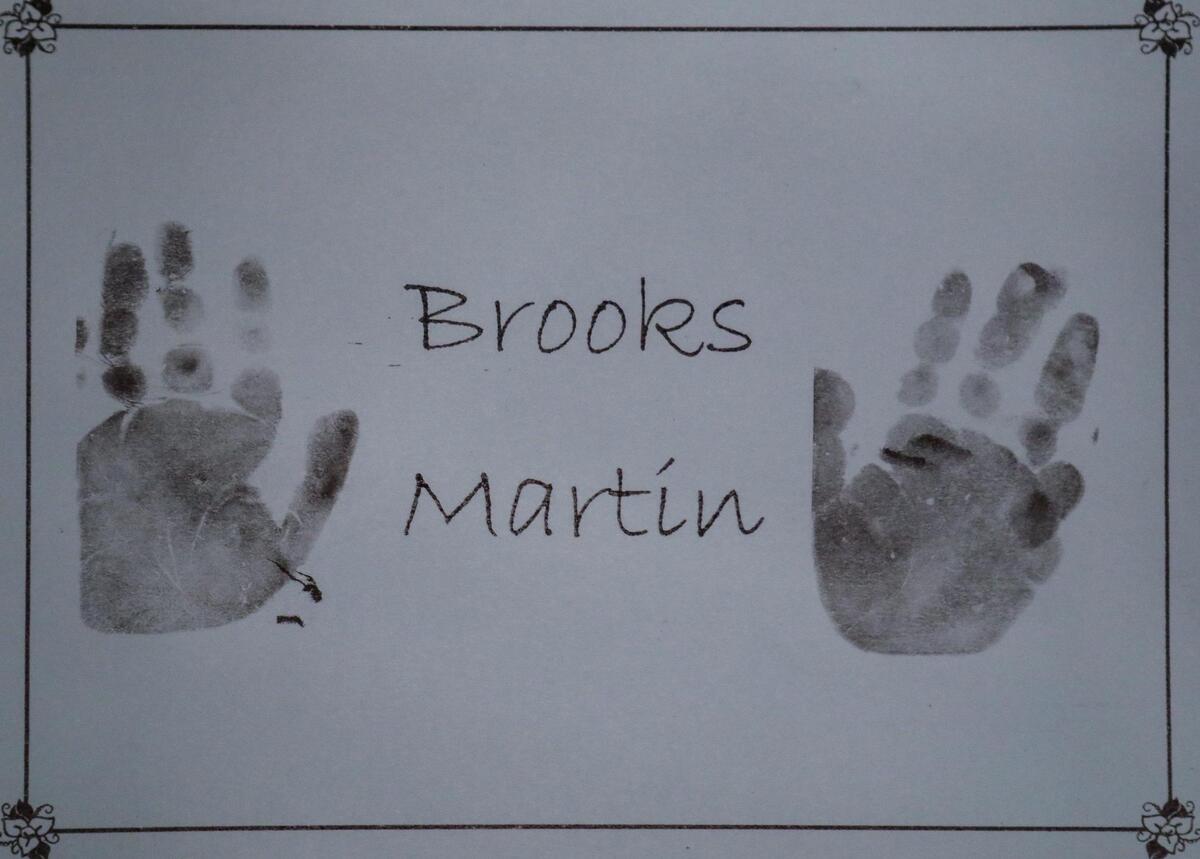 A keepsake with Brooks Martin’s hand prints was made in the hospital where he died and given to the family.