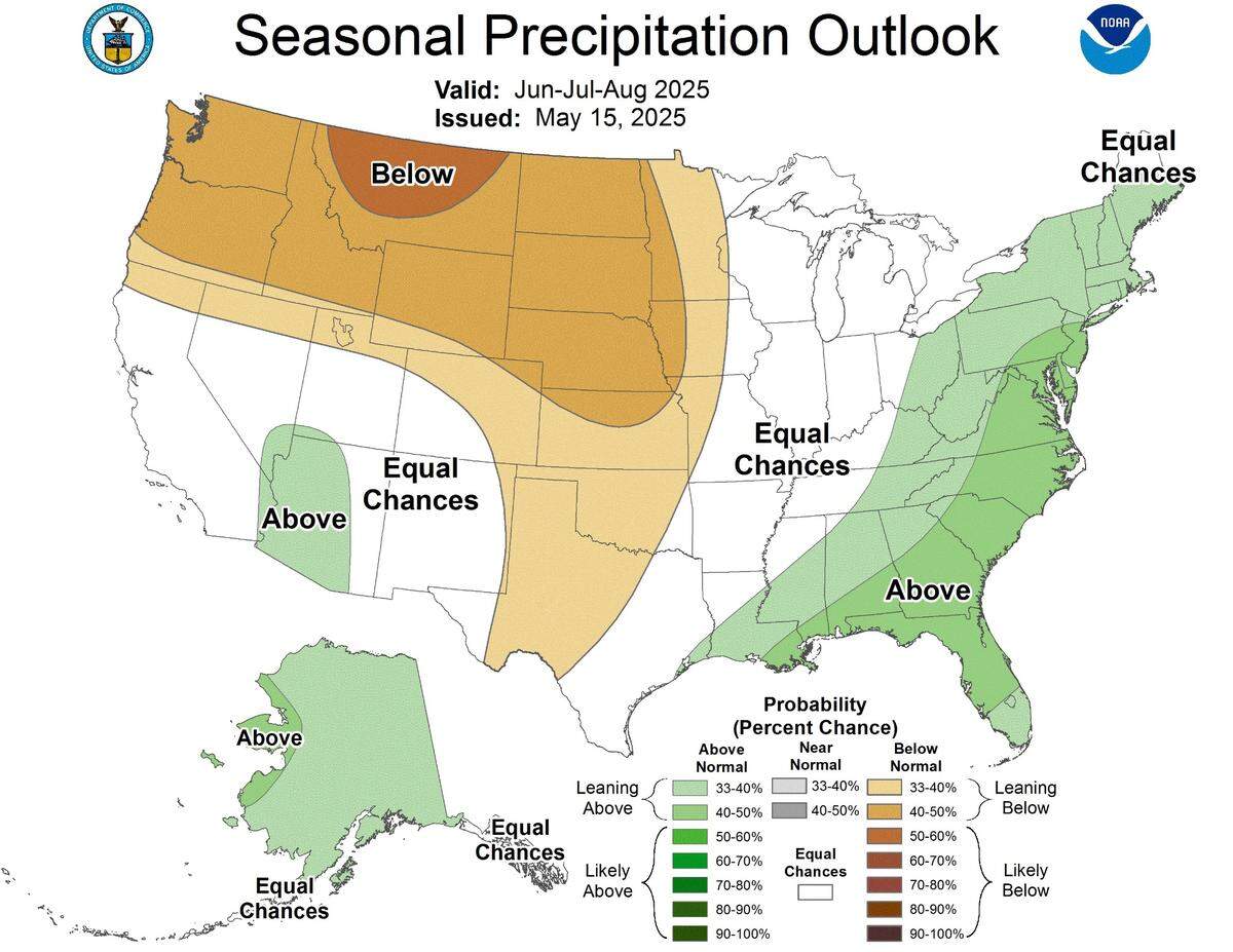A map of showing rainfall forecasts across the U.S. from June through August.