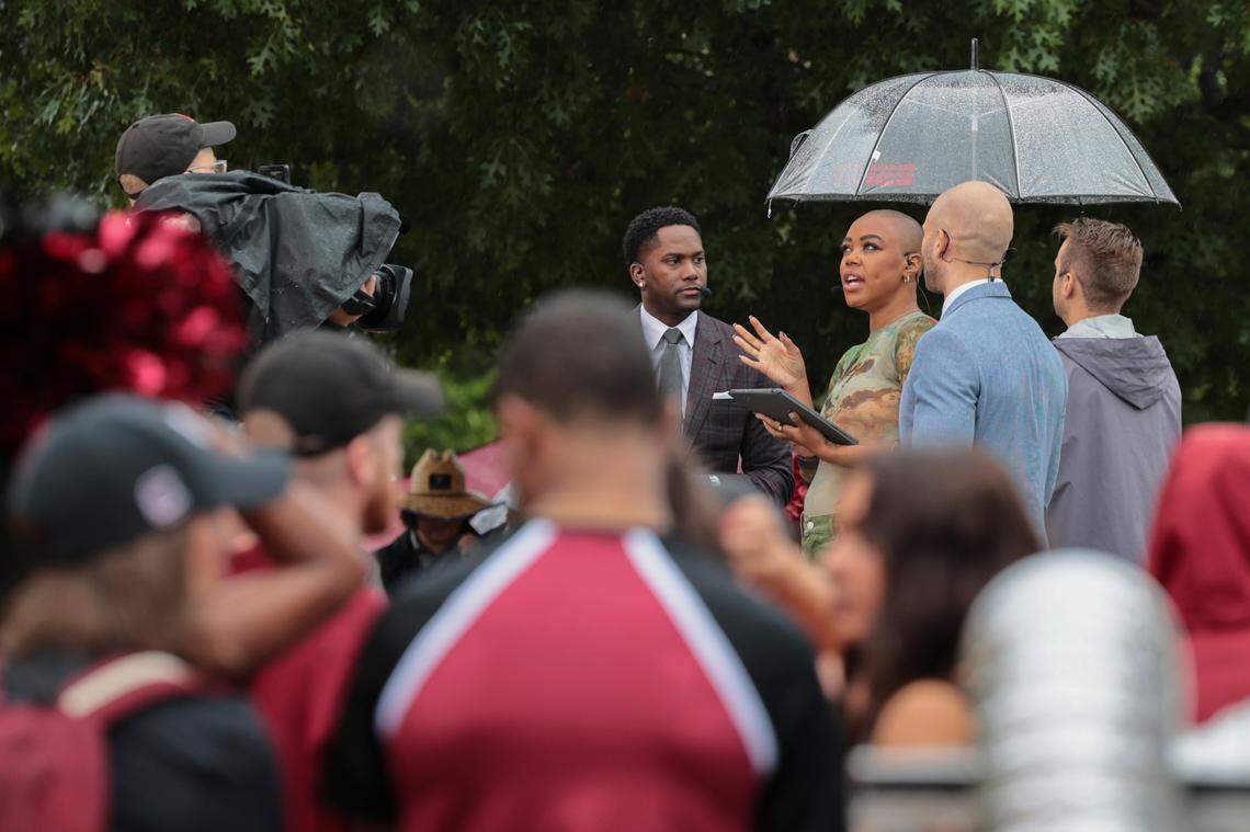 Fans watch as ESPN Gameday crews shoot at Gamecock Park on Saturday, Sept. 14, 2024.