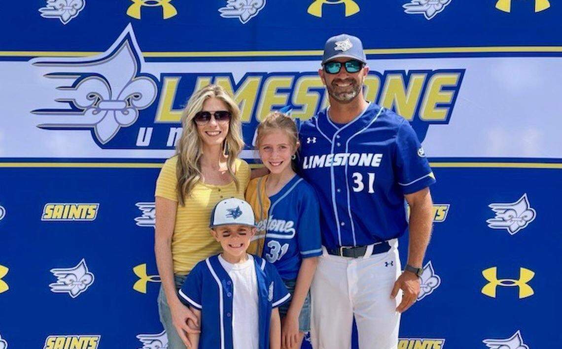 Limestone head baseball coach Brett Harker alongside his wife Tiffany, daughter Emma and son Hudson.