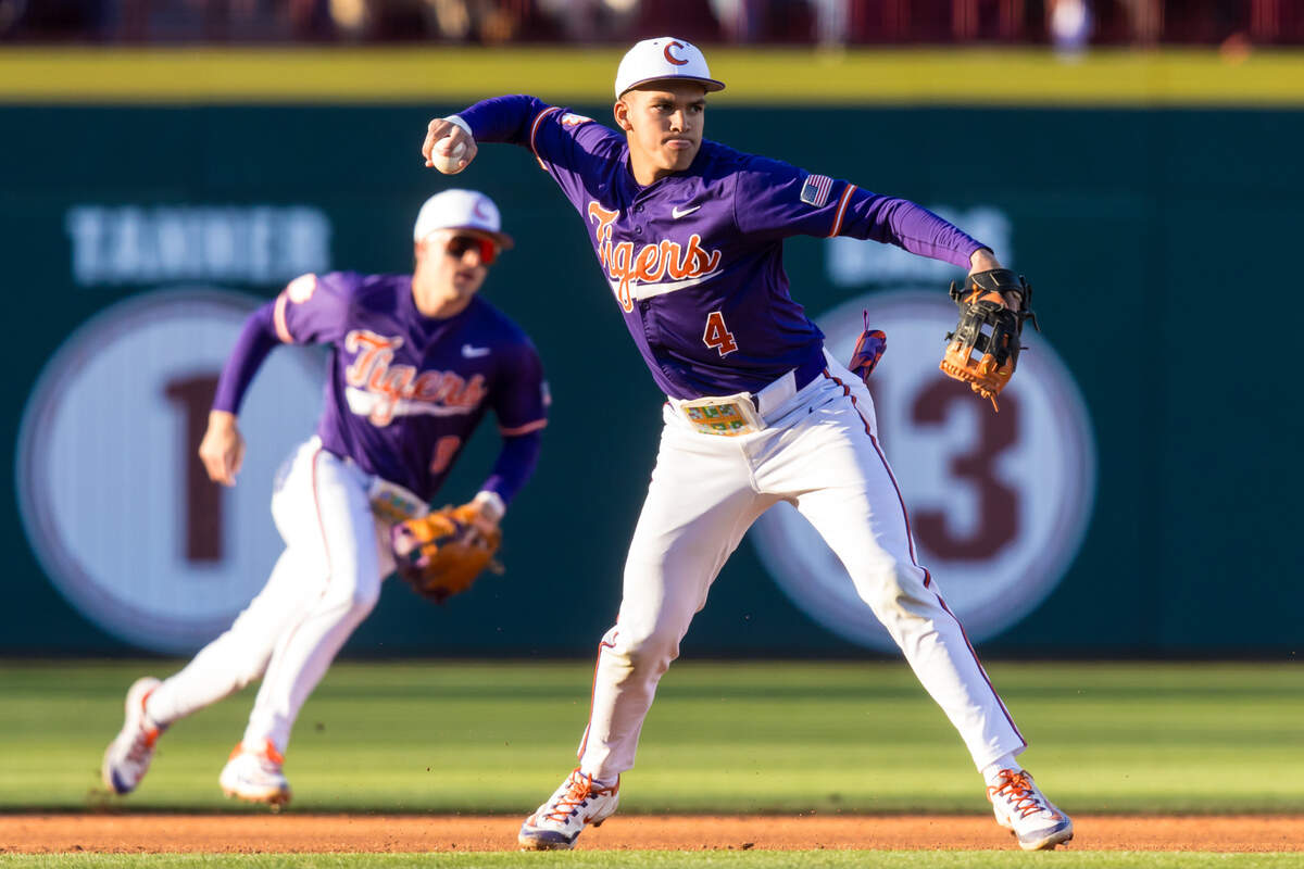 Clemson Tigers infielder Tryston McCladdie (4) throws out a South Carolina Gamecocks base runner during their game at Founders Park, 3/2/25.