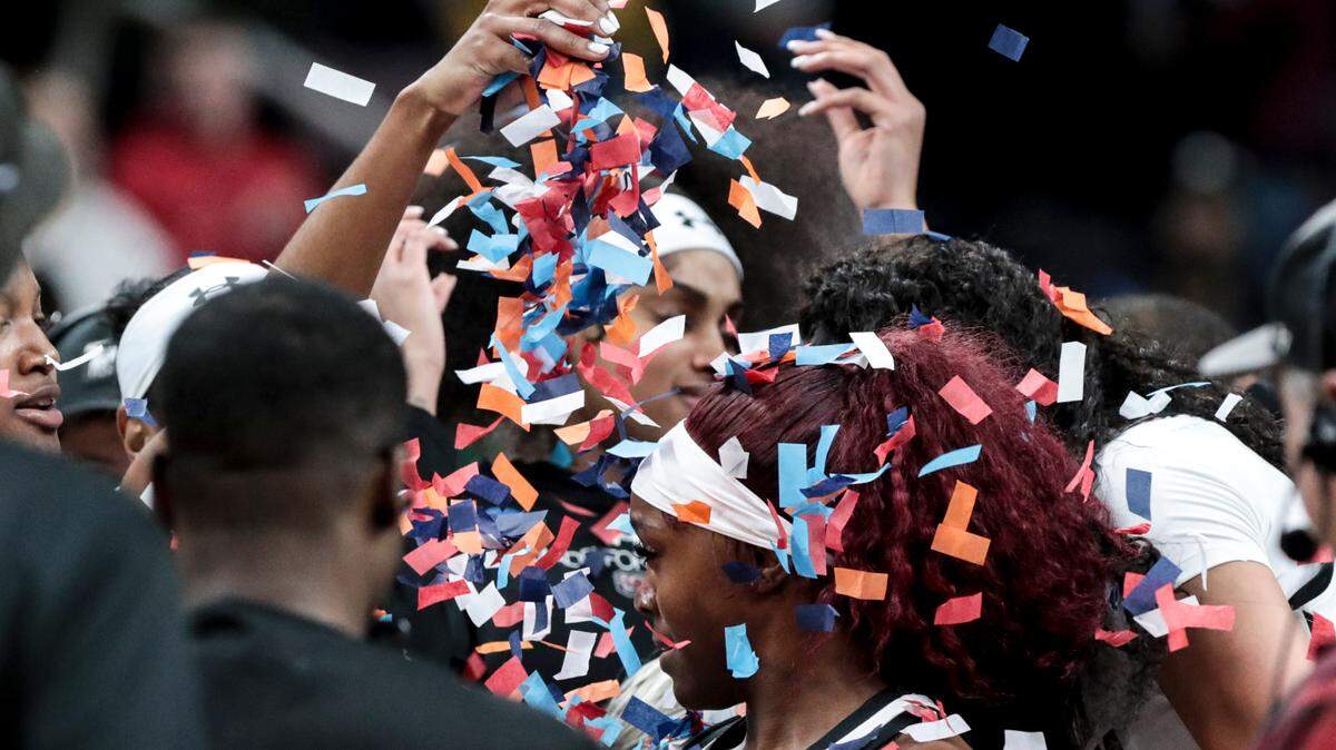 The Gamecocks celebrate winning the Elite Eight matchup with Oregon State at the MVP Arena in Albany, New York on Sunday, March 31, 2024.