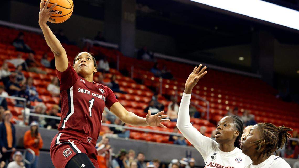 South Carolina guard Zia Cooke (1) lays in a basket against Auburn during the first half of an NCAA college basketball game Thursday, Feb. 9, 2023, in Auburn, Ala.. (AP Photo/Butch Dill)