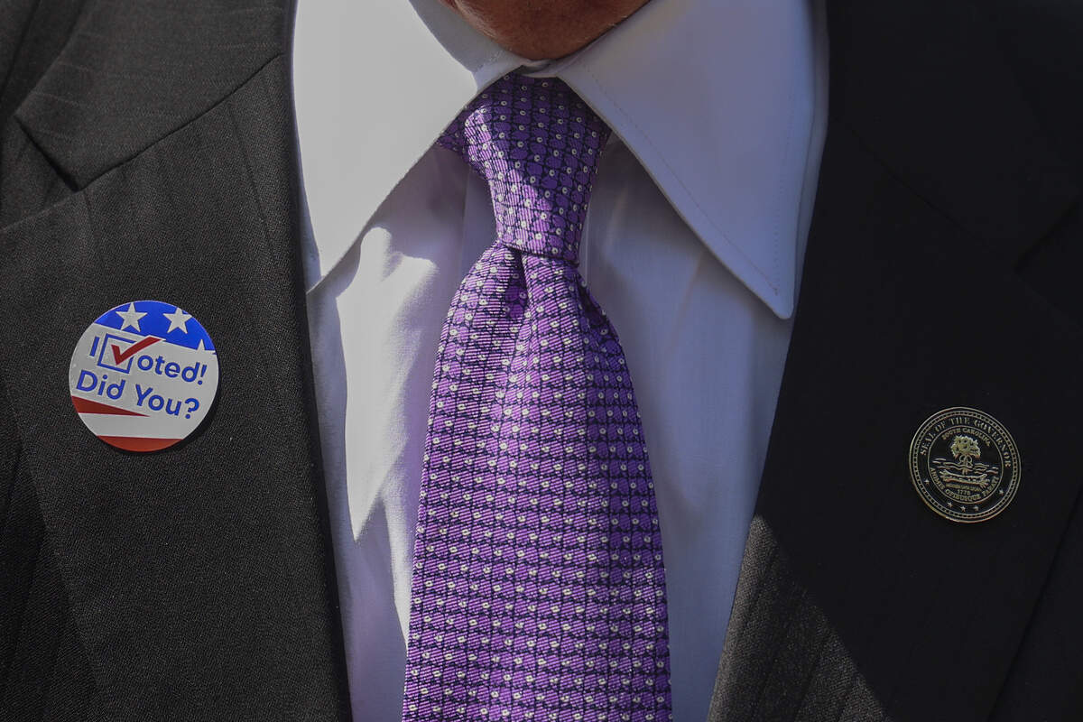 S.C. Gov. Henry McMaster wears an “I voted” sticker after casting his ballot at the Lourie Center in Columbia on Tuesday, June 9, 2026.