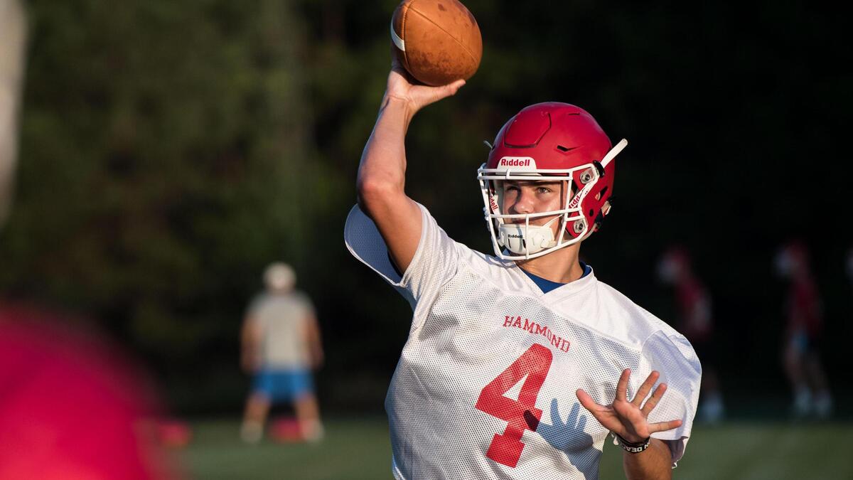 Hammond quarterback Jackson Muschamp throws the ball during the season’s first practice on July 26, 2018, in Columbia, S.C. Muschamp is the son of Gamecock head football coach, Will Muschamp.