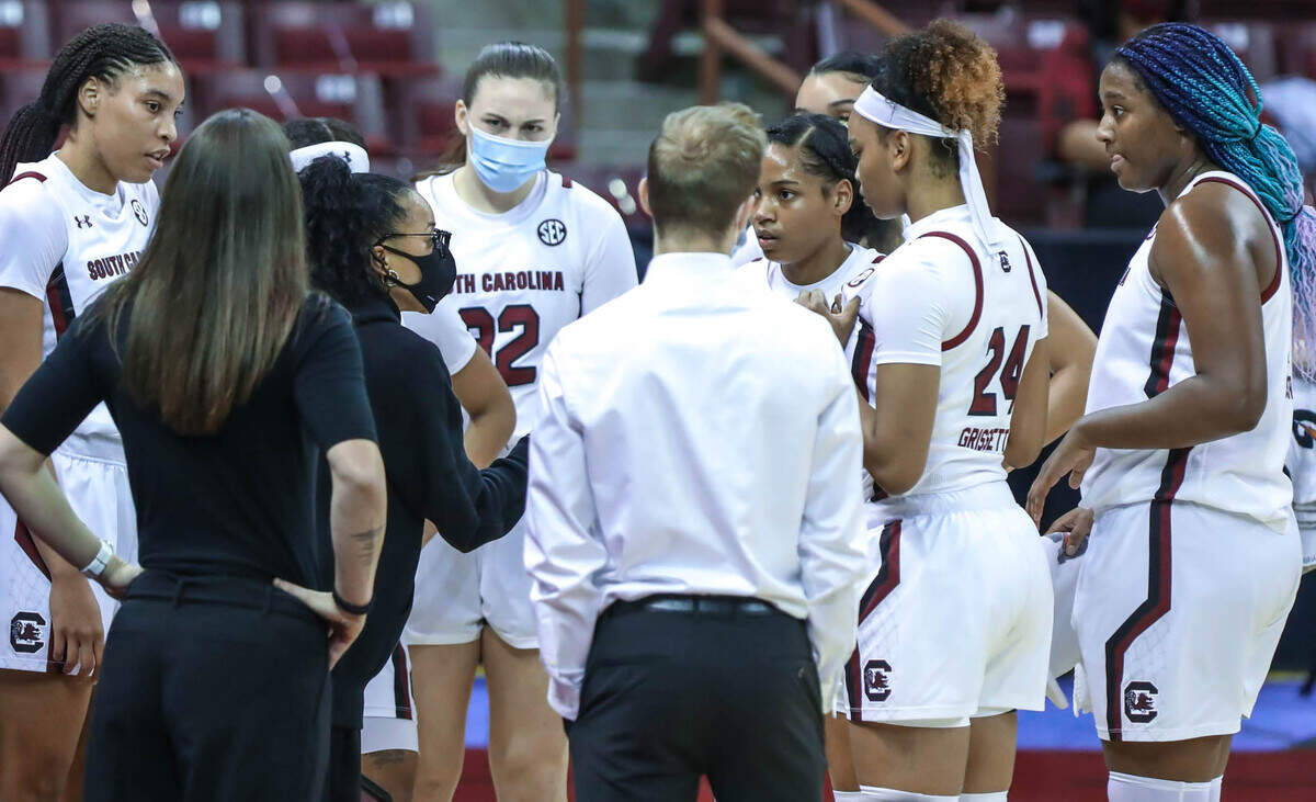 Coach Dawn Staley talks to her team bench the first half of action against Florida in the Colonial Life Arena.