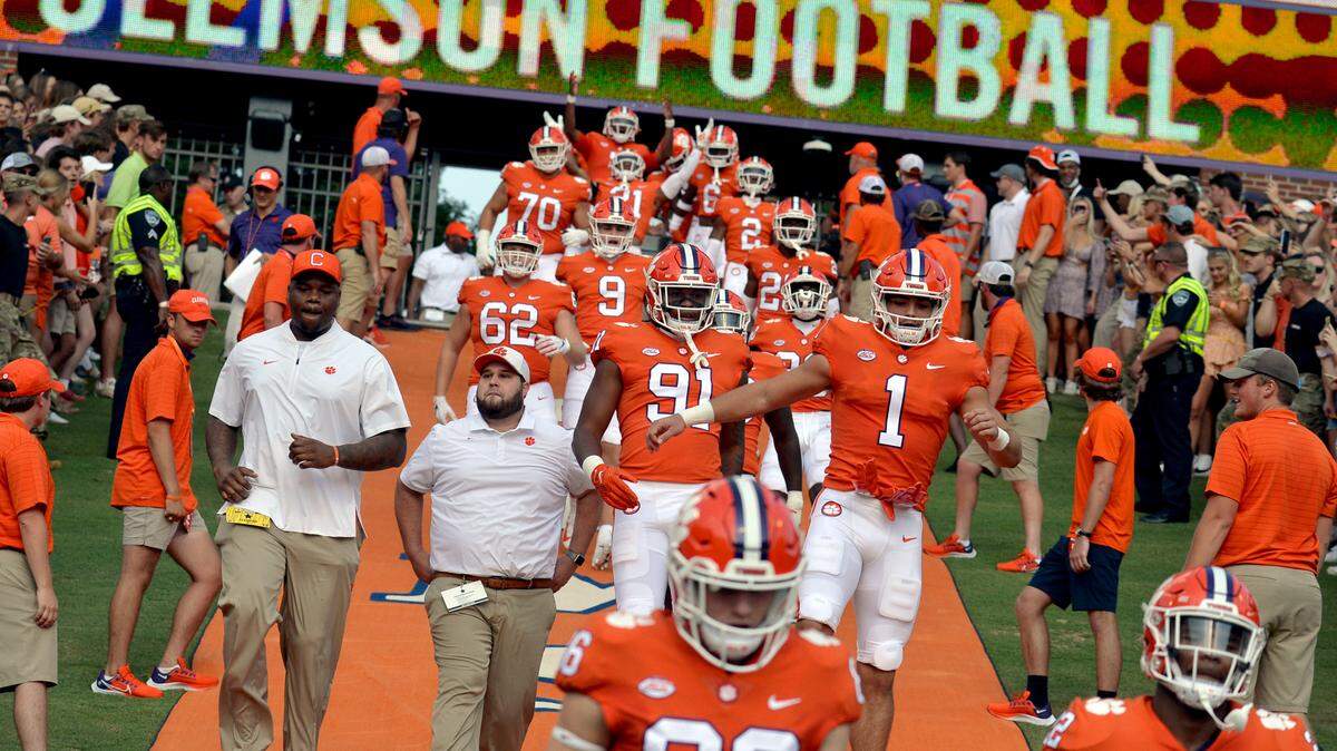 Clemson takes the field before the first half of an NCAA college football game against South Carolina State on Saturday, Sept. 11, 2021, in Clemson, S.C. (AP Photo/Edward M. Pio Roda)