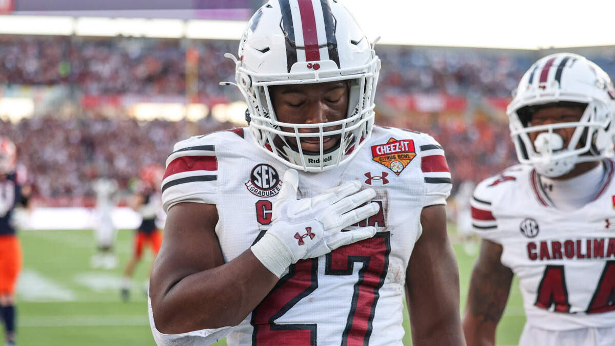 South Carolina running back Oscar Adaway III (27) celebrates a touchdown during the Cheez-It Citrus Bowl at Camping World Stadium in Orlando, Florida on Tuesday, December 31, 2024.