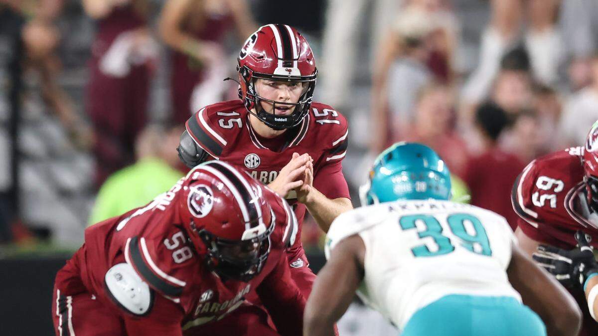 South Carolina quarterback Cutter Woods (15) takes a snap during second half of the Gamecocks’ game against Coastal Carolina at Williams-Brice Stadium in Columbia on Saturday, November 22, 2025.