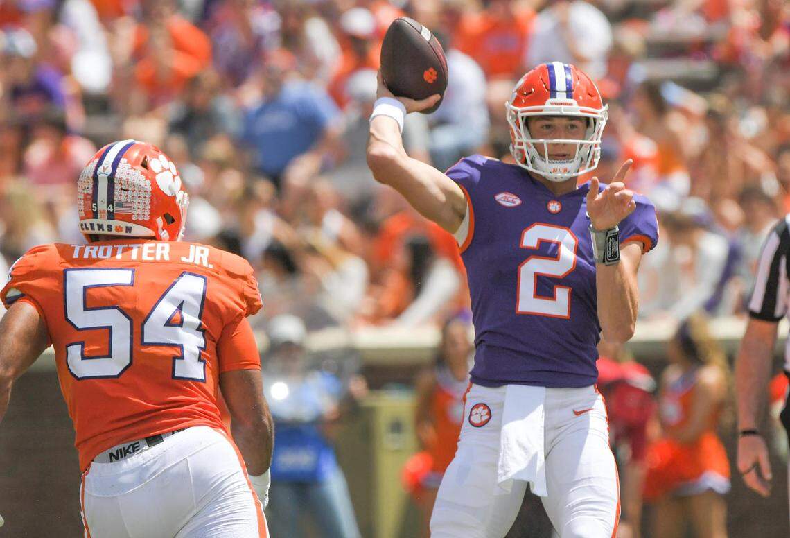 April 15, 2023; Clemson, SC , USA; Clemson quarterback Cade Klubnik (2) passes near Clemson linebacker Jeremiah Trotter Jr. (54) during the first quarter the annual Orange and White Spring game at Memorial Stadium in Clemson, S.C. Saturday, April 15, 2023.