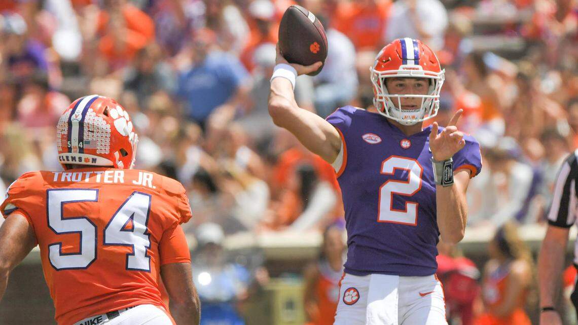April 15, 2023; Clemson, SC , USA; Clemson quarterback Cade Klubnik (2) passes near Clemson linebacker Jeremiah Trotter Jr. (54) during the first quarter the annual Orange and White Spring game at Memorial Stadium in Clemson, S.C. Saturday, April 15, 2023.