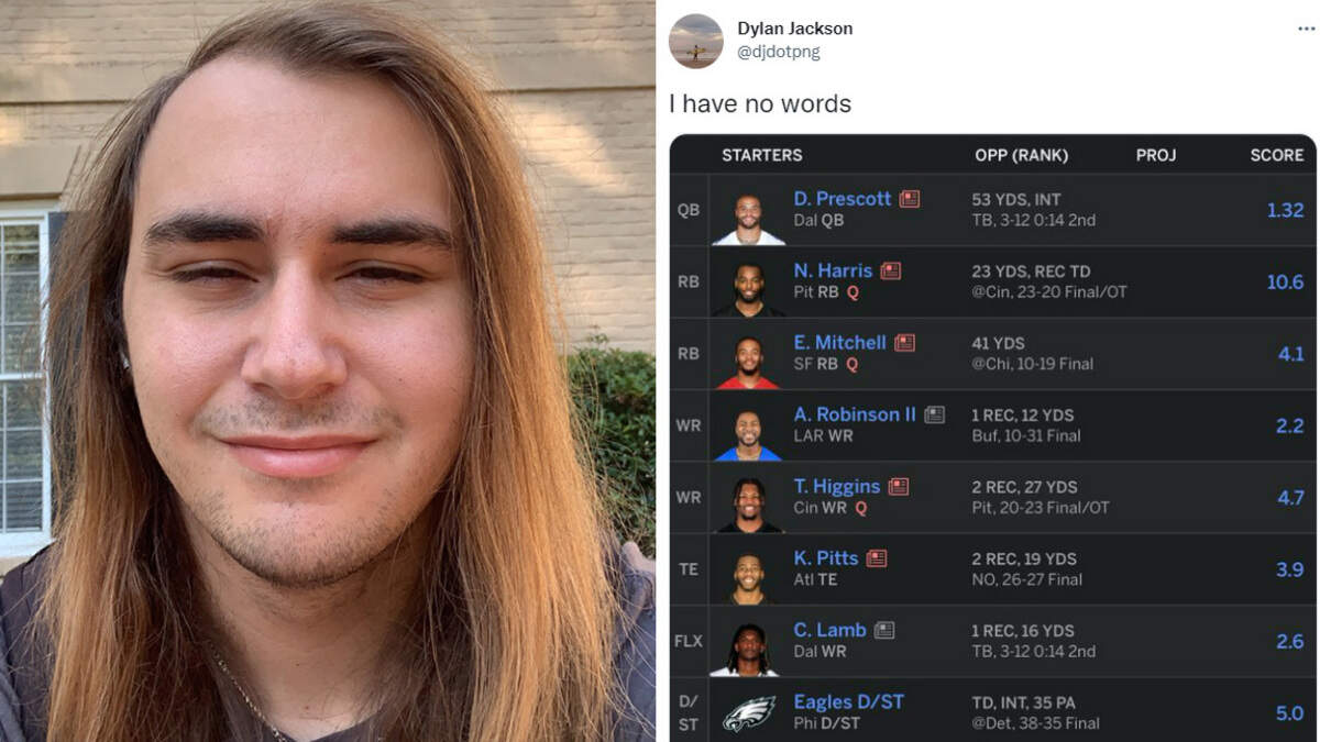 Dylan Jackson (left) is a senior journalism major at the University of South Carolina who’s been playing in fantasy football leagues since third grade. His team’s Week 1 performance (right) got quite the Twitter reaction.
