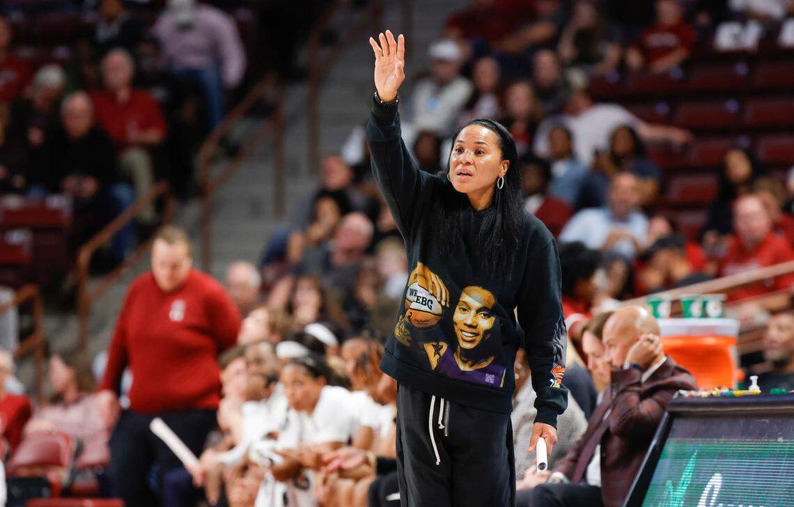 University of South Carolina Head Coach Dawn Staley directs her team against East Tennessee State in the Carolina Coliseum on Monday, Nov. 07, 2022.