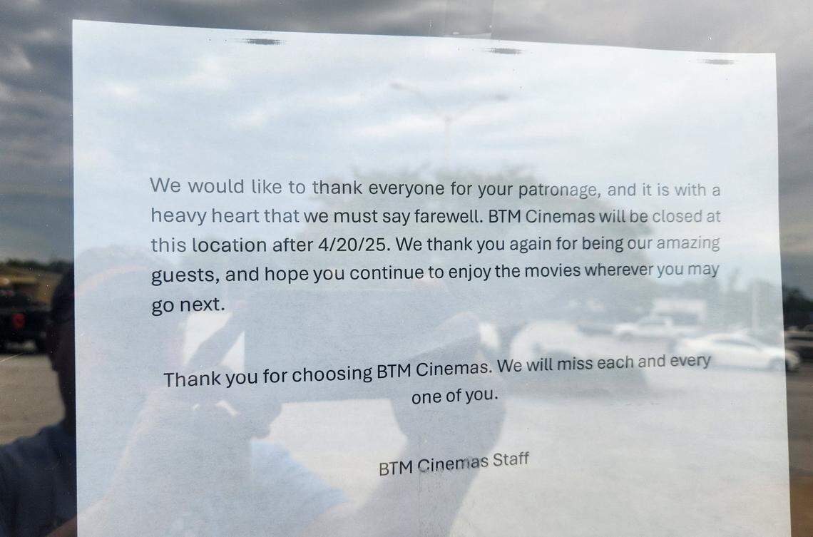 A letter on the door of the Bow Tie Cinemas movie theater at Dutch Square Center announces that the theater has closed.