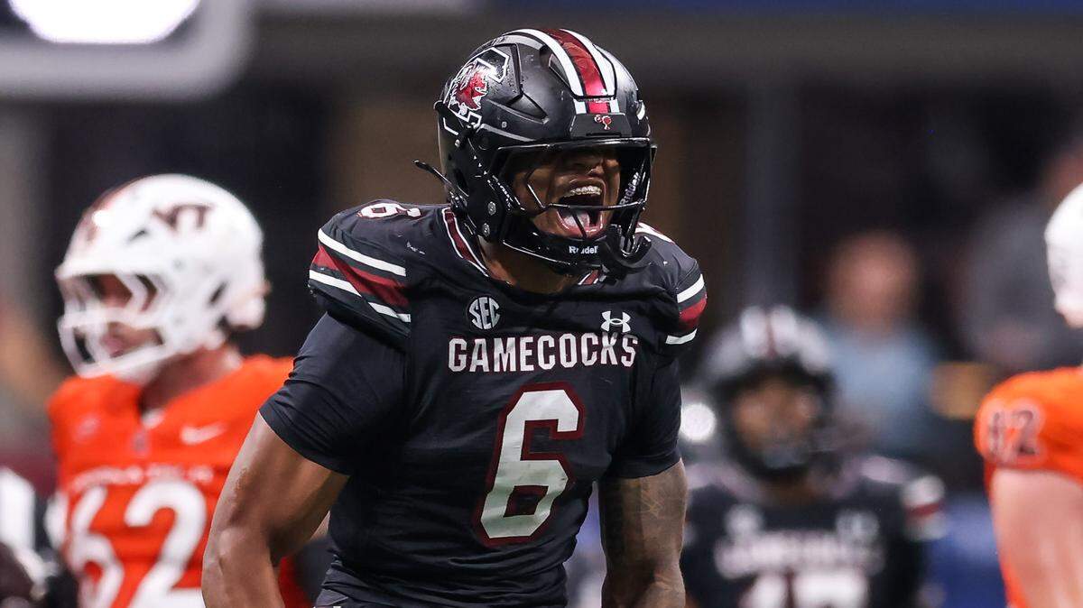 South Carolina edge Dylan Stewart (6) reacts after a tackle Sunday at Mercedes-Benz Stadium in Atlanta. The Gamecocks and Hokies faced off Aug. 31 in the 2025 Aflac Kickoff Game.