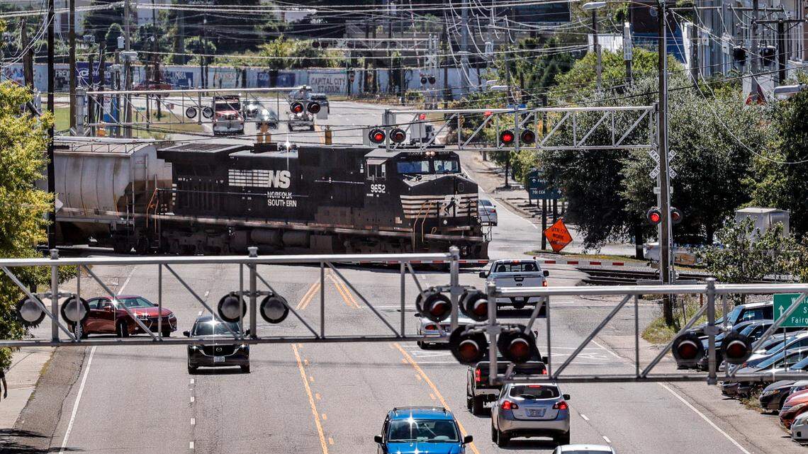 A train crosses Assembly Street near Whaley Street at one of the 15 railroad crossings on the main Columbia thoroughfare.