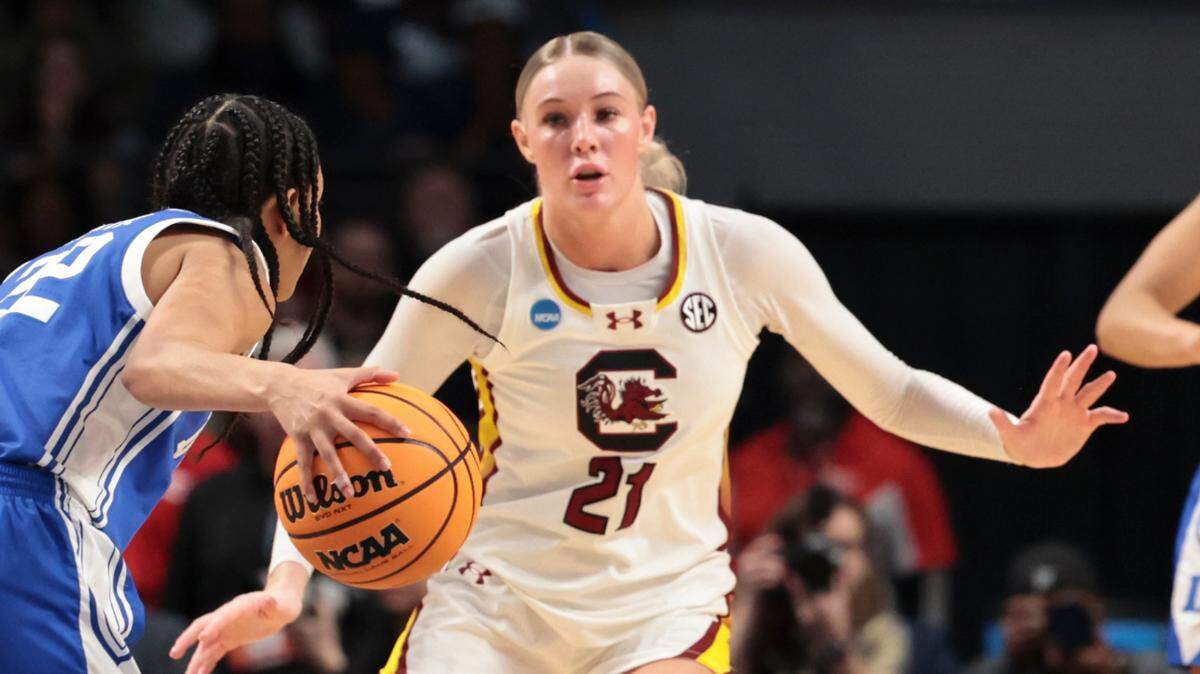 University of South Carolina’s Chloe Kitts (21) guards Duke’s Taina Mair (22) during the first half of action at the Legacy Arena in Birmingham on Sunday, March 30, 2025 in the Birmingham 2 regional of the NCAA Tournament.