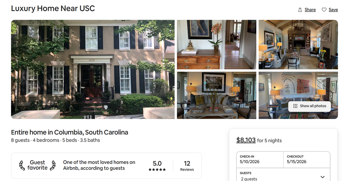 This screenshot shows an Airbnb rental in the Columbia area.