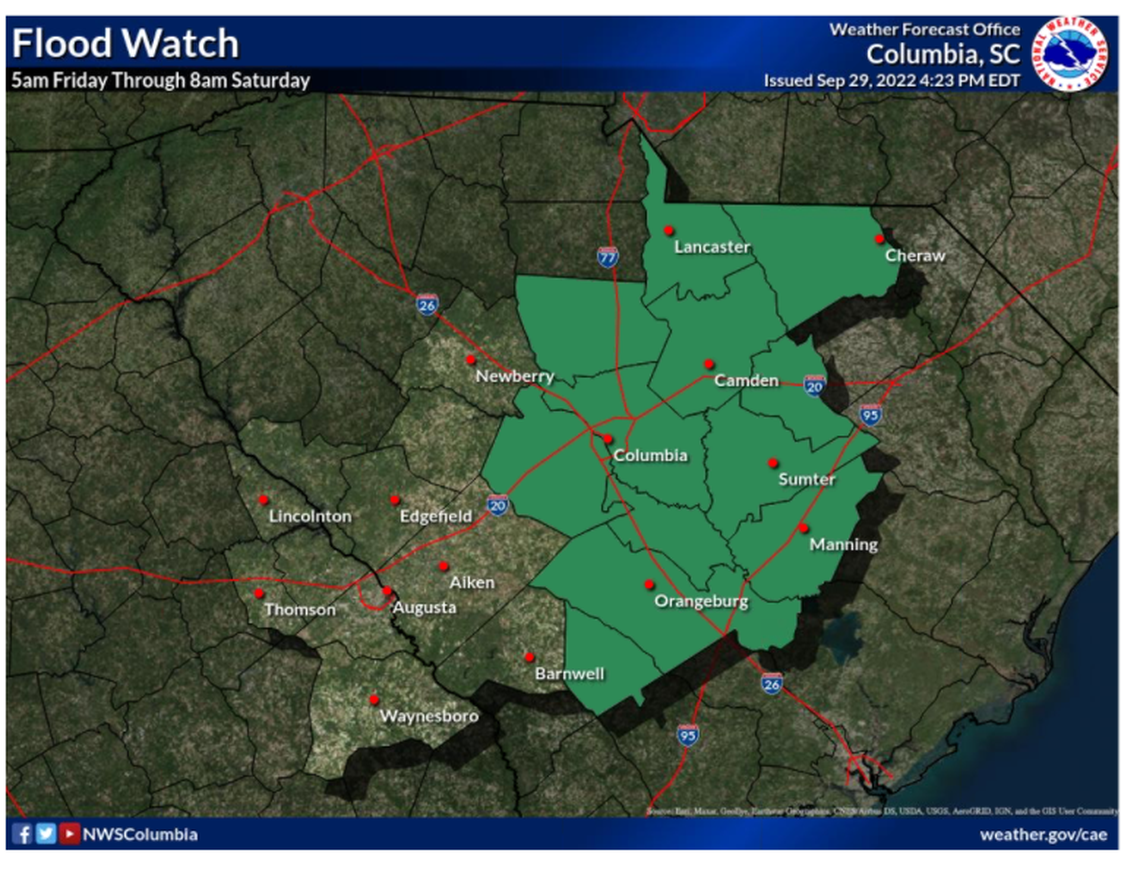 A portion of the Midlands, including Richland and Lexington counties, are under a flood watch from 5 a.m. Friday until 8 a.m. Saturday.