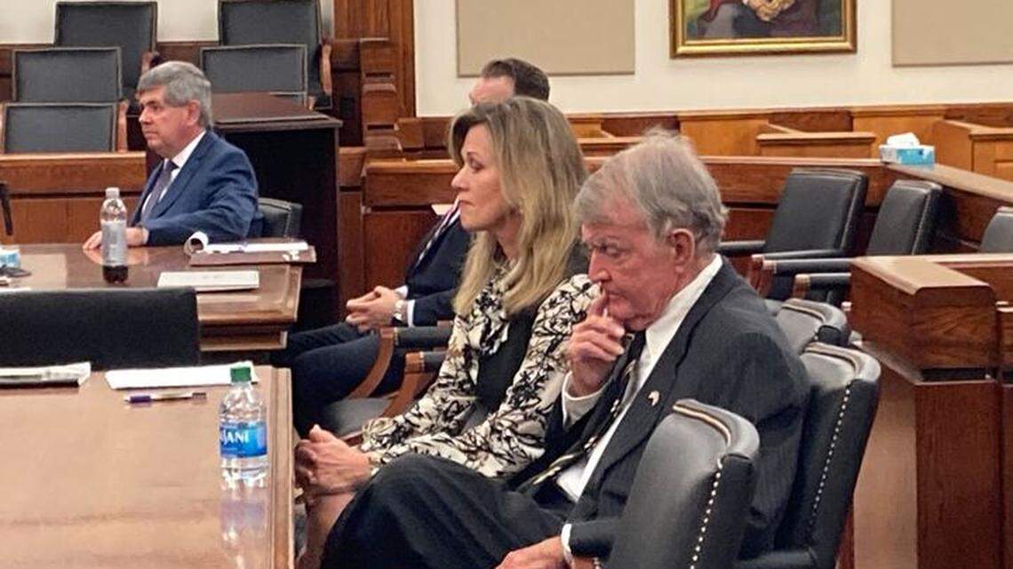Former Richland County S.C. Sen. John Courson, far right, sits with his attorney, Rose Mary Parham, at a hearing Thursday, April 27, 2023, at the Beaufort County Courthouse. Also pictured is Solicitor Barry Barnette, far left.