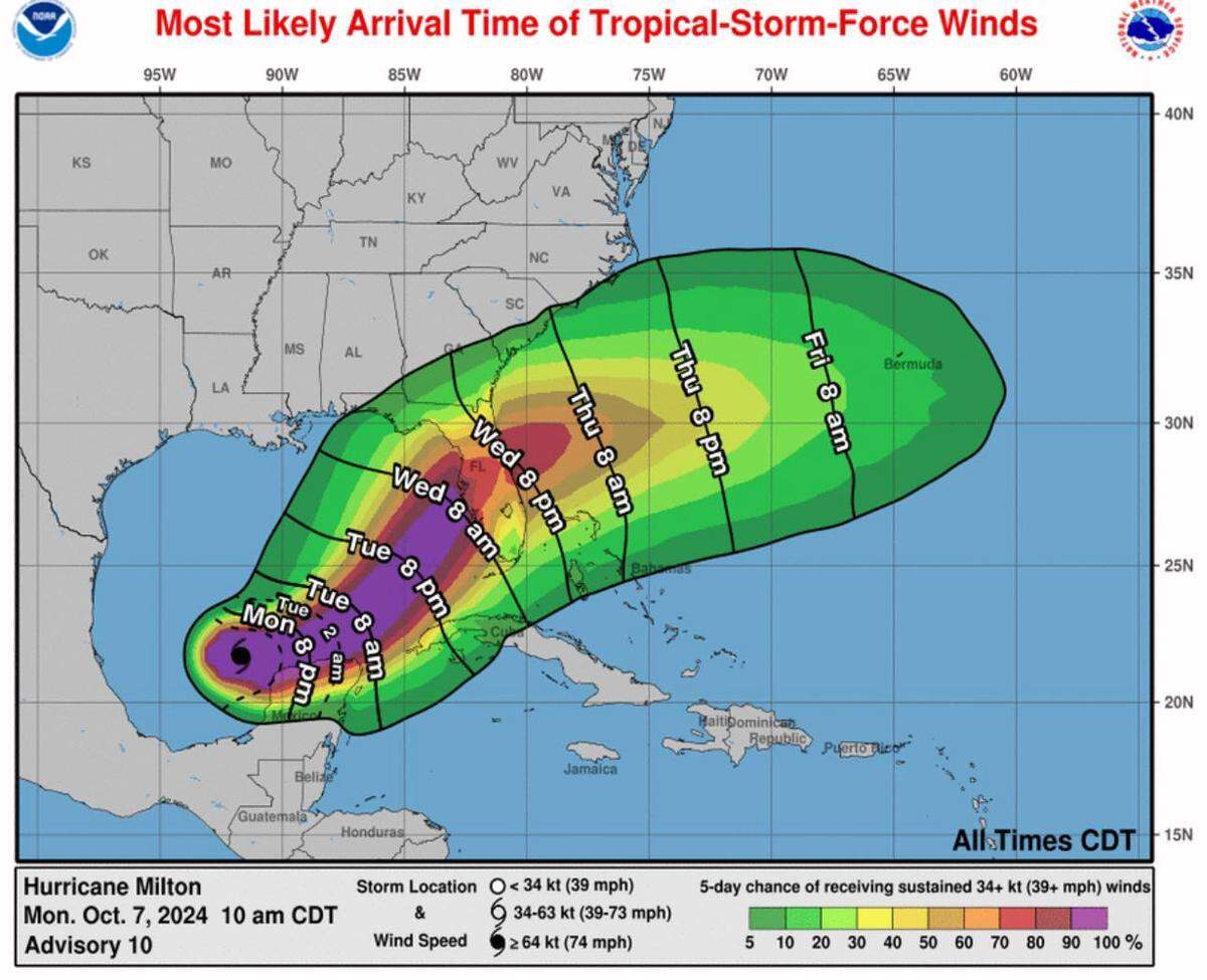 A map showing the predicted path and time of travel for Hurricane Milton.