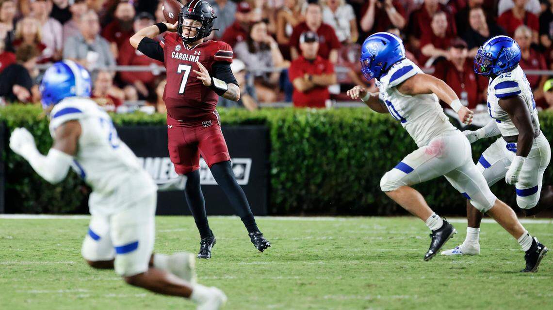 South Carolina Gamecocks quarterback Spencer Rattler (7) plays Georgia State at Williams-Brice Stadium in Columbia, SC on Saturday, Sept. 3, 2022.